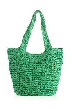 Carry your essentials in style this summer with Shiraleah's Sam Tote. Made from woven paper straw with two sturdy handles, this trendy tote bag is both practical and stylish. The deep green design adds a classic color pop to any summer outfit. Pair with other items from Shiraleah to complete your look! Features double handles Shiraleah is a trend-driven lifestyle brand focused on the little gifts that make life special! Made from paper straw Measures L 13" x w 6" x h 10.5"; handles 9" Made in Ch Spring Straw Bags, Trendy Woven Straw Bag, Trendy Straw Shoulder Bag For Spring, Trendy Spring Straw Shoulder Bag, Spring Handwoven Shoulder Bag, Trendy Woven Jute Bucket Bag, Trendy Woven Bucket Bag For Spring, Chic Jute Bucket Bag For Spring, Everyday Jute Bucket Bag For Spring