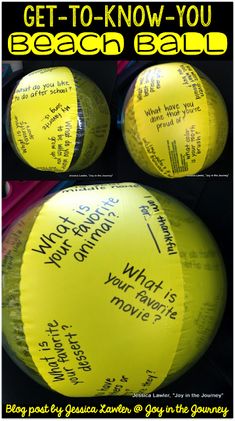 two yellow balls with writing on them and the words, get to know you beach ball