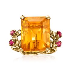 Ross-Simons - C. 1970 Vintage 18.85ct Citrine, .25ct t. w. Ruby Ring in 14kt Yellow Gold. Size 8. C. 1970. Aspiring to be the center of everyone's gaze? This eye-catching ring from our Estate collection will take you right there. A marmalade-colored 18.85 carat emerald-cut citrine radiates in a polished 14kt yellow gold setting, with .25 ct. t. w. round rubies beaming a sweet berry hue from either side. 5/8" wide. Ruby and citrine ring. Exclusive, one-of-a-kind Estate Jewelry. Citrine birthstone Citrine Birthstone, Estate Jewelry Rings, November Birthday, Fine Jewelery, Yellow Gold Setting, Citrine Ring, Ruby Ring, Emerald Cut, Estate Jewelry