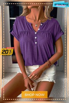 Women's Knit Short Sleeve Half Cardigan T-shirt Trendy Solid Purple Top, Trendy Purple Solid Color Top, Purple V-neck Solid Top, Purple V-neck Solid Color Top, Purple V-neck Top, Purple Relaxed Fit Casual Top, Casual Purple Short Sleeve Top, Casual Purple Knit Top, Casual Purple V-neck Top