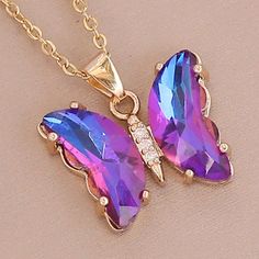 Gold & Purple Crystal Butterfly Necklace, New Statement Everyday Necklace, Gift Purple Pendant Jewelry For Party, Party Purple Clavicle Chain Necklaces, Purple Pendant Necklace For Mother's Day, Purple Butterfly Charm Jewelry For Party, Purple Clavicle Chain Pendant Necklace, Elegant Purple Butterfly Necklace For Gift, Elegant Purple Butterfly Necklace Gift, Crystal Butterfly Necklace, Crystal Butterfly