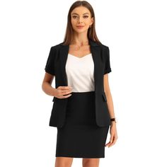 This set is made up of several design points: short sleeve blazer, pencil skirt, 2 piece office outfits. Suit for summer and spring and for many occasions, such as office, work, business, meeting, cocktail party. Pair with the sandals for many occasions. A nice choice for an OL outfit and it is stylish, you can pair the blazer and skirts with bags and sandals for a charming look. Professional Black Office Sets, Black Notch Lapel Skirt Suit For Office, Black Office Lady Skirt Suit For Business, Black Office Lady Sets For Office Wear, Black Office Lady Skirt Suit, Black Skirt Suit For Business, Black Office Lady Sets, Classic Fitted Short Sleeve Blazer, Fitted Knee-length Office Blazer