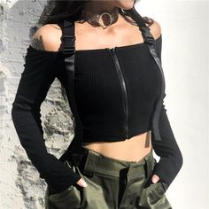 Vogue Off The Shoulder Crop Top Zippered Long Sleeve