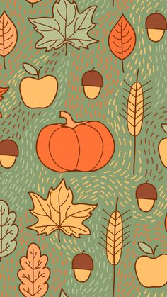 an autumn pattern with leaves, acorns and pumpkins on a green background