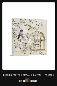 a bird in a cage with flowers on it