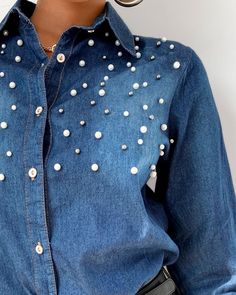 Party Tops With Embellished Collar, Spring Embellished Fitted Shirt, Embellished Long Sleeve Party Shirt, Long Sleeve Blouse With Pearl Embroidery, Spring Long Sleeve Embellished Shirt, Spring Long Sleeve Tops With Embellished Collar, Casual Embellished Tops For Fall, Spring Embellished Button-up Blouse, Casual Embellished Fall Tops