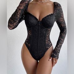 New Without Tags In Original Packaging Never Worn Built In Underwire 95% Polyester 5% Elastane Lace Bodysuit Outfit, Body Noir, Corset Bodysuit, Black Lace Bodysuit, Corset Bustier, Lace Body, Flounce Sleeve, Bustier Top