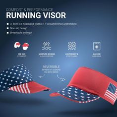 This lightweight visor is ideal for a patriotic athlete. Our performance visor features a wide brim and stretchable band for all-day comfort. The breathable and moisture-wicking material keeps you dry and cool during any activity. These foldable visors are also reversible, offering two unique designs in one! The design on one side features all-over stars pattern with a solid red brim and the USA flag printed on solid red with all-over stars pattern on the brim on the other. Keep the sun, hair, a Patriotic Hats For Sports On Memorial Day, Sporty Summer Sports Visor, Patriotic Baseball Cap For Memorial Day Sports, Breathable Sports Visor, Summer Breathable Curved Visor, Sporty Summer Visor With Sweatband, Breathable Curved Visor For Summer, Summer Sports Visor With Sweatband, Patriotic Sports Hats One Size Fits Most