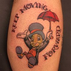 a cartoon character with an umbrella and words on his leg that says, let's moving forward