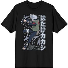 Show off your favorite manga series when you wear this men’s black graphic t-shirt! The Kakeshi Hatake character tee features a big, colorful graphic that has been professionally printed to ensure long-lasting print quality. The Naruto Shippuden fan apparel tee shirt is black, with short sleeves for comfort and style in any weather. The popular manga series apparel is made of 100percent preshrunk cotton jersey. It can be machine washed in cold water with like colors, then tumble dried for easy c Black Anime T-shirt With Front Print, Black Pop Culture T-shirt For Fan Events, Black Anime Print Tops For Fan Gatherings, Black Casual T-shirt For Fan Events, Casual Black T-shirt For Fan Events, Anime Graphic Print T-shirt For Fan Gatherings, Black T-shirt With Graphic Print For Fan Events, Black T-shirt With Front Print For Fan Events, Black Anime Print T-shirt For Streetwear