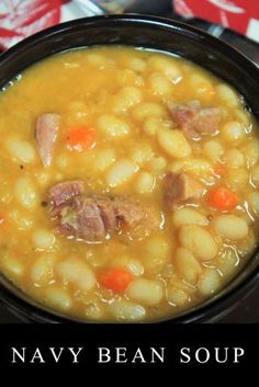 a bowl of soup with ham and beans