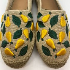 So Cute And Perfect For Summer! Castaner (Anthropologie) Brand New In Box / Never Worn Natural Canvas Espadrille With Embroidered Pears In Yellow And Green. Leather Detailing On Heel. Size 38 Yellow Closed Toe Espadrilles For Vacation, Yellow Round Toe Espadrilles For Spring, Yellow Closed Toe Espadrilles For Summer, Yellow Round Toe Espadrilles For Vacation, Casual Yellow Espadrilles For Summer, Yellow Casual Espadrilles For Beach, Casual Yellow Espadrilles For Beach, Castaner Espadrilles, Leather Detailing