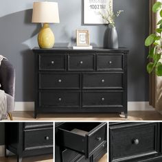 there is a black dresser with drawers in the room