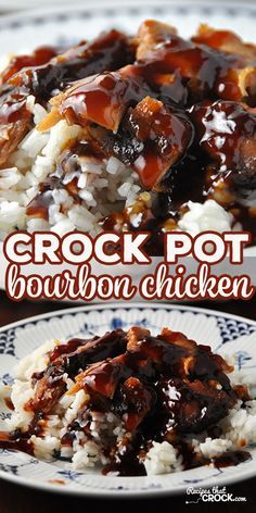 crock pot bourbon chicken on a plate with rice