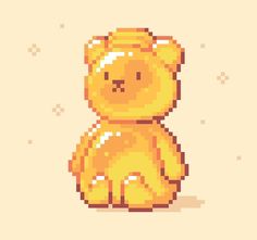 a pixellated image of a yellow teddy bear sitting in front of a beige background