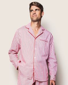 A new take on a classic pattern, with no frills just clean, crisp lines. This classic pajama set is accented with red piping and finished with pearl buttons. Premium 100% cotton twill makes this design crisp, comforting, and cozy. The moisture-wicking weave is yarn-dyed to help prevent fading. Cotton twill becomes more buttery with every wash. You will be tucked in luxury and off to dreamland. Bonne nuit. Classic Relaxed Fit Pajama Party Sets, Classic Relaxed Fit Sets For Pajama Party, Classic White Cotton Sleepwear, Classic Cotton Loungewear Set, Classic Relaxed Fit Home Sets, Classic Relaxed Fit Sets For Home, Classic Cotton Sets With Relaxed Fit, Red Cotton Lounging Sets, Classic Cotton Long Sleeve Sleepwear