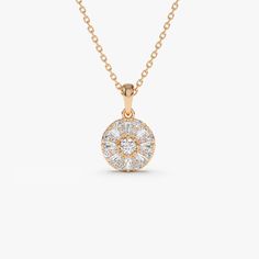 Made to Order Gold Kt: 14K (also available in 18K) Available Gold Colors: Rose Gold, Yellow Gold, White Gold Diameter: 8.6 MM Round Diamond: 8 Pcs 1.0 MM Round Diamond: 8 Pcs 1.30 MM Round Diamond: 1 Pcs 2.7 MM Baguette Diamond: 8 Pcs 2.35 x 1.2 MM Diamond Color & Clarity: G Color VS / SI Clarity Diamond Ctw: 0.32 ctw Luxury Gold Plated Round Diamond Necklace, Luxury Gold Diamond Necklace With Round Stone, Diamond Cluster Necklace, Layering Diamond Necklaces, Silver Necklace Set, Gold Colors, Cluster Necklace, Pearl Collection, White Gold Necklaces