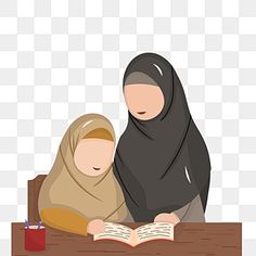 two women sitting at a desk with an open book in front of them, both wearing headscarves