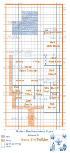 a blue and orange house plan with the numbers in each section, including four different areas