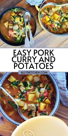 Collage of overhead shot of two bowls full of pork potato curry at top and overhead shot of potful of pork curry and potatoes at bottom.