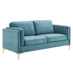 a blue couch with gold legs on a white background