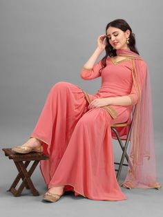 Buy ravishing pink poly georgette solid partywear kurta set online for women which is crafted from pink fabric with beautiful pattern. Punjabi Dress Design, Kurta With Sharara, Indian Dress Up, Latest Dress Design, Dress Design Patterns, Simple Pakistani Dresses, Designer Dresses Casual, Stylish Party Dresses, Dress Indian Style