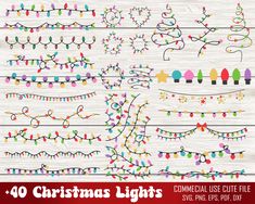 christmas lights clipart set on wood with white background and red border, includes the words'40 christmas lights '