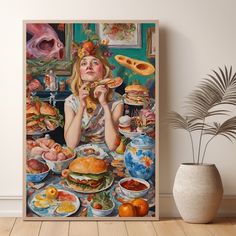 a painting of a woman sitting at a table full of food