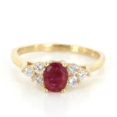 Vintage 14 Karat Yellow Gold Diamond Natural Ruby Small Cocktail Right Hand Ring Estate Jewelry Gia Certified Oval Ruby Ring, Timeless Oval Ruby Ring With Diamonds, Classic Round Ruby Cluster Ring, Oval Ruby Diamond Ring With Prong Setting, Classic Gia Certified Round Ruby Ring, Classic Yellow Gold Ruby Ring Gia Certified, Classic Yellow Gold Gia Certified Ruby Ring, Oval Ruby Ring Fine Jewelry, Heirloom Oval Diamond Ruby Ring