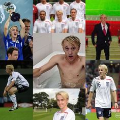 the collage shows many different pictures of men in soccer uniforms, including one holding a trophy