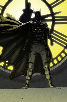 a batman standing in front of a giant clock with his caped head down and hands on his hips