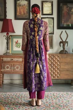 Multicolored cotton shot color fabric panelled kurta with hand embroidered yoke and cuffs embellished with gota detailing and handblock foil print. - Aza Fashions Straight Kurta With Resham Embroidery For Rituals, Resham Embroidery Straight Kurta For Rituals, Purple Cotton Kurta With Dupatta, Block Print Cotton Silk Straight Kurta, Block Print Straight Kurta In Cotton Silk, Festive Chanderi Kurta With Block Print, Handloom Chanderi Straight Kurta, Purple Cotton Kurta For Navratri, Handloom Cotton Silk Kurta