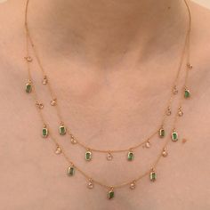 Accessorize your look with this elegant emerald beaded necklace. This stunning piece of jewelry instantly elevates a casual look or dressy outfit. Comfortable and easy to wear, it is just as exquisite worn alone or layered with other charms for a modern fashion statement.PRODUCT DETAILS :- Material - 18K Solid Yellow Gold Gemstone - Emerald Stone Weight - 2.9 ct Stone Pcs - 11 Diamond Weight - 1.29 ct Diamond pcs- 15 Stone Shape - Octagon Stone Size - 6 x 4 mm Length - 21 Inch Width - 4.7 mm Gro Gold And Gemstone Jewelry, Gold And Emerald Jewelry, Gold Necklace Designs Indian, Elegant Necklaces Classy, Chain Designs Gold, Layered Necklaces Gold, Emerald And Diamond Necklace, Gold Ruby Necklace, Chain Locket