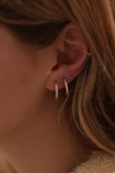 "14k 18k Gold Diamond Earring / Handmade Gold Half Way Diamond Earring Available in Gold, Rose Gold and White Gold ❥ ITEM DETAILS ---> Gold Color of Choice : Yellow Gold, Rose Gold, White Gold ---> Material : 14k ( 585 ) or 18k ( 750 ) Real Gold. It is Not Gold Filled or Gold Plated ---> Made to order ---> Closure: Latch Back ---> This price is for the Pair ---> Number of Diamond: 26 pcs ---> Clarity : H color VS/SI ---> Diamond Cut: Round ---> Total Carat : 0.18 ct -- Delicate 14k Rose Gold Earrings, Anniversary 14k Rose Gold Filled Hoop Earrings, Rose Gold 14k Gold Filled Huggie Earrings, 14k Rose Gold Filled Hoop Earrings For Anniversary, Elegant 14k Gold Filled Pierced Huggie Earrings, Rose Gold Plated Huggie Earrings As Gift, Classic Rose Gold Pierced Diamond Earrings, Rose Gold Tarnish-resistant Huggie Earrings, 14k Rose Gold Huggie Earrings