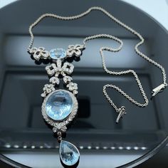 18k White Gold Vintage 20th Century Aquamarine & Diamond Statement Necklace Diamond Statement Necklace, Mafia 2, 19th Anniversary, Treasure Chests, Sea Sickness, Goddess Jewelry, Athena Goddess, Aquamarine Jewelry, Aqua Marine