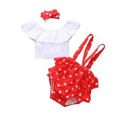 Baby Girl Ruffle Top & Suspender Shorts & Polka Dot Headband - PrettyKid Cotton Polka Dot Sets For Summer, Polka Dot Fitted Summer Sets, Cute Polka Dot Summer Sets, Playful Red Ruffled Sets, Cute Polka Dot Sets For Spring, Playful Polka Dot Sets For Spring, Cute Polka Dot Spring Sets, Playful Polka Dot Spring Sets, Fabric Care Labels