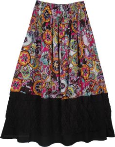 Cotton Printed Long Summer Black Skirt with Lace - This long skirts starts with a beautiful graphic floral print, and gives way to a black bottom gracefully overlayed in jet black lace. The sweep and fabric combine comfort and elegance in one. Easy choice for a casual evening get-together look. Together with its print and the touch of the lace(10 inches, all around), this is an outstanding casual skirt. On Clearance: FINAL SALE, NO RETURNS Length: 36" ; Waist: 26" - 34" (elastic waistband); Mate Summer Black Skirt With Lace Patchwork, Black Lace Patchwork Summer Skirt, Black Lace Patchwork Skirt For Summer, Black Lace Skirt With Lace Patchwork, Spring Black Skirt With Lace Trim, Black Skirt With Lace Trim For Spring, Black Lace Trim Skirt For Spring, Bohemian Black Skirt With Floral Print, Black Skirt With Lace Trim For Summer