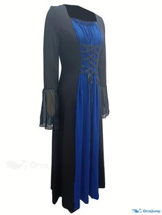 Orcajump - Color Block Lace Up A-line Dress, Gothic Flared Sleeve Crisscross Dress, Women's Clothing Gothic Long Sleeve Blue Dress, Blue Gothic Long Sleeve Dress, Blue Long Sleeve Gothic Dress, Criss Cross Dress, Vintage Material, Criss Cross, Style Vintage, Fit And Flare, A Line Dress