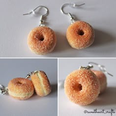 three different views of donuts hanging from earrings