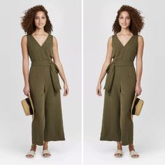 Stunning! It Looks More Expensive In Person. It Fits Very Well And Looks Elegant. I Highly Recommend It. Olive Green V-Neck Jumpsuit/Romper By A New Day Brand Womens/Misses Size Small, New With Tag, Pant Style Bottom Portion, Fabric Tie Belt, V-Neck In Front And Back, Polyester Fabric, Pockets, Measures 27" Across The Chest From Armpit To Armpit When Measured Across The Back Spring V-neck Jumpsuits And Rompers For Work, Spring Workwear V-neck Jumpsuit, Striped Pant, Belted Jumpsuit, Belt Jumpsuit, Casual Wide Leg Pants, Velvet Pants, Flare Leggings, Pant Style