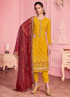 Yellow And Red Designer Pakistani Pant Suit Pakistani Suit With Pants, Mustard Yellow Pants, Celana Fashion, Indian Dresses Online, Pakistani Party Wear, Georgette Dupatta, Salwar Suits Online, Yellow Pants, Salwar Kamiz