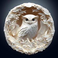 an owl is sitting in the center of a paper wreath