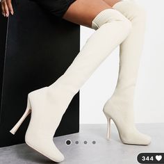 Public Desire Over-The-Knee Knitted Stiletto Boots In Off-White. Brand Bee Never Worn. Sized Uk 4- Fits Like 6.5-7 Cream Knee High Boots, Thigh High Sock Boots, Thigh High Stiletto Boots, Black Patent Leather Boots, Tall Heeled Boots, Fold Over Boots, Public Desire Shoes, Embroidered Boots, Patent Leather Boots