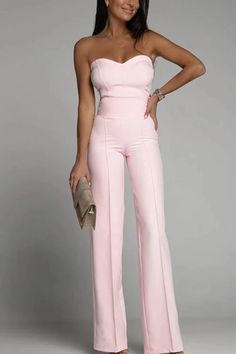 Lasaky - Bodysuit Collar Slim Fit Pants with Long Sleeves Chique Outfit, Long Jumpsuit, Women Waist, Pink Jumpsuit, Modieuze Outfits, Pant Length, Long Jumpsuits, Solid Pattern, Slim Fit Pants