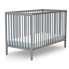 a baby crib with white sheets on the bottom and side rails, in front of a white background