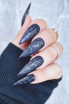 black cobwebs halloween nails stiletto Glitter Spiderweb Nails, Spiderweb Stiletto Nails, Press On Nails Goth, Emo Stiletto Nails, Wednesday Addams Inspired Nails, Wensday Adams Nails, Wednesday Inspired Nails, White Goth Nails, Morticia Addams Nails