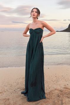 Emerald Green Maxi Dress - Plisse Satin Dress - Strapless Dress - Lulus Maxi Dress Resort Wear, Lulus Wedding Guest Dress, Strapless Wedding Guest Dress, Green Dress Runway, Resort Fits, Maxi Wedding Guest Dress, Tobago Wedding, Green Formal Dress, Strapless Formal Dress