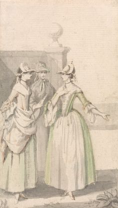 Anthony Highmore, 1719–1799, British, Group of Three Ladies, undated, Watercolor, pen and brown ink, and graphite on medium, blued white, moderately textured laid paper, Yale Center for British Art, Paul Mellon Collection 1700s Clothing, English Gown, 18th Century Hats, Ugly Dog, Oliver Goldsmith, Ugly Dogs, 18th Century Clothing, Master Of Ceremonies, Rustic Bathroom Designs