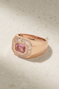 Inspired by Art Deco, SHAY's 'Champion' ring is crafted from 18-karat rose gold in a signet-inspired shape and encrusted with a gleaming sapphire framed by 0.72-carats of baguette-cut diamonds. Match your manicure to the pretty pink tones. Luxury Rose Gold Signet Ring With Brilliant Cut, Fine Jewelry Rose Gold Signet Ring With Gemstone, Pink Diamond Ring, Sapphire And Diamond Ring, Baguette Cut Diamond, Pink Tone, Baguette Cut, Gold Diamond Rings, Pink Diamond