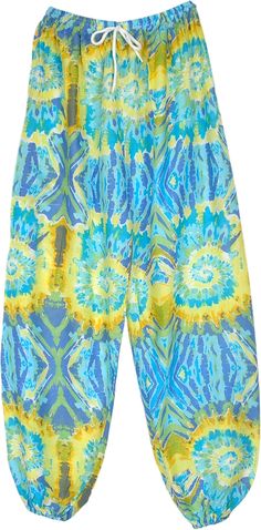 A fresh style in harem pants that looks like an artistic tie-dye, but it's actually the print effect - the colors are mainly aqua blue, yellow and lime green in a splashy style tie-dye print.  These soft and free flowing rayon pants has one pocket on the right side. #tlb #SplitSkirtsPants #beachwrap #Printed #SummerPants #BeachPants Blue Harem Pants For Spring Vacation, Spring Beach Green Harem Pants, Summer Green Harem Pants With Elastic Waistband, Blue Harem Pants For Beach In Spring, Green Harem Pants With Elastic Waistband For Beach, Turquoise Bohemian Bottoms For Spring, Bohemian Turquoise Bottoms For Spring, Spring Turquoise Bohemian Bottoms, Multicolor Harem Pants For Spring Vacation